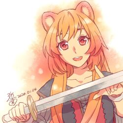 Rule 34 | 1girl, :d, animal ears, black shirt, collarbone, commentary request, cuffs, dated, grey shirt, hands up, highres, holding, holding sword, holding weapon, long hair, long sleeves, looking at viewer, minami seira, open mouth, orange hair, raccoon ears, raccoon girl, raphtalia, red eyes, red shirt, shirt, signature, smile, solo, sword, tate no yuusha no nariagari, teeth, upper body, upper teeth only, weapon, white background