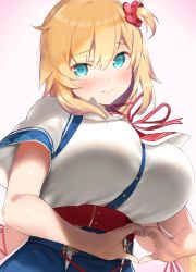 Rule 34 | 1girl, akai haato, akai haato (1st costume), blonde hair, blue eyes, blush, breasts, buttons, closed mouth, from below, gold trim, hair between eyes, hair ornament, head tilt, heart, heart hands, highres, hololive, huge breasts, long hair, looking at viewer, low twintails, nekoshoko, red ribbon, ribbon, short sleeves, smile, solo, twintails, upper body, very long hair, virtual youtuber