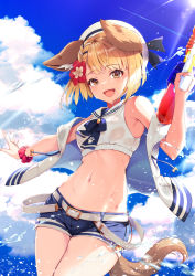 Rule 34 | :d, animal ears, belt, beret, blonde hair, blue shorts, brown eyes, cloud, contrail, cowboy shot, day, dog ears, dog tail, erune, flower, granblue fantasy, hair flower, hair ornament, hat, hibiscus, holding, holding water gun, navel, niko (azurite), open mouth, outdoors, outstretched arm, sailor collar, scrunchie, shorts, sky, sleeveless, sleeveless jacket, smile, standing, sun, tail, vajra (granblue fantasy), vajra (summer) (granblue fantasy), water, water drop, water gun, wet, white belt, white hat, wrist scrunchie