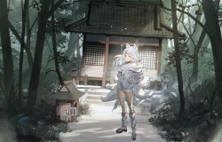 Rule 34 | 1girl, animal ear fluff, animal ears, bare shoulders, breasts, building, copyright request, danzir, dutch angle, facial mark, forest, fox ears, fox girl, fox tail, full body, hands on own hips, highres, jacket, kitsune, korean text, leg warmers, long hair, long sleeves, multiple tails, nature, off shoulder, outdoors, red eyes, sandals, scenery, shirt, small breasts, socks, solo, standing, tail, translation request, tree, virtual youtuber, whisker markings, white hair, white jacket, white shirt, white socks