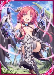 Rule 34 | &gt;:p, 1girl, akkijin, aura, blue sky, breasts, claws, demon girl, demon horns, demon wings, dragon tail, elbow gloves, gem, gloves, horns, medium hair, mountain, official art, orange eyes, outdoors, red hair, shinkai no valkyrie, sky, small breasts, tail, thighhighs, wings