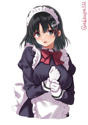 Rule 34 | 1girl, black eyes, black hair, blush, bow, bowtie, breasts, ebifurya, gloves, haguro (kancolle), hair ornament, hair ribbon, highres, kantai collection, large breasts, long sleeves, looking at viewer, maid, maid headdress, open mouth, red bow, red bowtie, red ribbon, ribbon, short hair, simple background, solo, twitter username, white background, white gloves