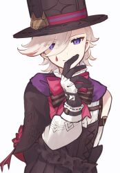 Rule 34 | 1boy, asymmetrical sleeves, black corset, black gloves, black hat, blonde hair, bow, bowtie, cape, closed mouth, collared shirt, corset, finger to mouth, frills, genshin impact, gloves, hat, highres, huge bow, looking at viewer, lyney (genshin impact), male focus, nekorin chu, purple eyes, shirt, short hair, simple background, smile, solo, teardrop facial mark, teardrop tattoo, top hat, two-tone gloves, upper body, white background, white gloves