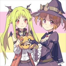 Rule 34 | 2girls, absurdres, alternate costume, belt, blonde hair, brown hair, candy, couple, fangs, fate testarossa, female focus, food, hair ornament, hair ribbon, halloween, happy, hat, highres, jack-o&#039;-lantern, jack-o&#039;-lantern hair ornament, long hair, lyrical nanoha, mahou shoujo lyrical nanoha, mahou shoujo lyrical nanoha a&#039;s, multiple girls, purple eyes, rakuichi, red eyes, ribbon, short twintails, simple background, smile, takamachi nanoha, twintails, vampire, wife and wife, witch, witch hat, yuri