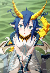 Rule 34 | 1girl, :o, absurdres, aqua eyes, bed sheet, blue hair, blush, breasts, dragon girl, dragon horns, dragon tail, dragon wings, dress, covered erect nipples, hair between eyes, highres, horns, katou hiromi, looking at viewer, megami magazine, monster girl, monster musume no oisha-san, official art, open mouth, pointy ears, scales, scan, see-through, short hair, sidelocks, sitting, skadi dragenfelt, slit pupils, solo, tail, wariza, wings
