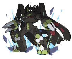 Rule 34 | claws, commentary request, creatures (company), energy, full body, game freak, gen 6 pokemon, legendary pokemon, looking at viewer, nintendo, no humans, pokemon, pokemon (creature), poyo party, rock, solo, standing, white background, white eyes, zygarde, zygarde (complete)