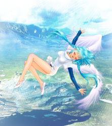 Rule 34 | 1girl, blue hair, blush, braid, dress, flying, highres, legs, leotard, long hair, mountain, open mouth, original, outstretched arms, partial braid, sleeves past wrists, smile, solo, spread arms, twin braids, wings, yui toshiki