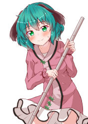 Rule 34 | 1girl, absurdres, animal ears, blush, breasts, commentary request, cowboy shot, dress, green eyes, green hair, hair between eyes, hand up, highres, holding, kasodani kyouko, long sleeves, looking at viewer, mukkushi, pink dress, short dress, short hair, simple background, small breasts, smile, solo, standing, sweat, touhou, white background
