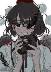 Rule 34 | 1girl, absurdres, black feathers, black hair, blush, camera, falling feathers, feathers, gotagotay, hat, highres, holding, holding camera, looking at viewer, one eye covered, pom pom (clothes), shameimaru aya, shirt, smile, solo, tokin hat, touhou, upper body, white shirt