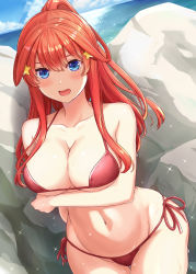Rule 34 | 1girl, absurdres, arms up, bikini, blue eyes, blue sky, blush, breasts, cleavage, cloud, collarbone, commentary request, day, go-toubun no hanayome, hair ornament, highres, horizon, inanaki shiki, large breasts, long hair, looking at viewer, nakano itsuki, navel, ocean, open mouth, outdoors, red bikini, red hair, rock, side-tie bikini bottom, sidelocks, sky, solo, standing, star (symbol), star hair ornament, stomach, swimsuit