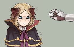 Rule 34 | 1boy, anger vein, bags under eyes, black cape, blonde hair, blue eyes, cape, commentary, emlan, english commentary, fang, garlic, granblue fantasy, green background, head wings, high collar, holding, male focus, short hair, simple background, slit pupils, solo focus, sweat, nervous sweating, trembling, vampire, veight, wings