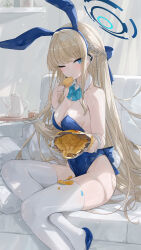 Rule 34 | 1girl, animal ears, bag of chips, blonde hair, blue archive, blue bow, blue bowtie, blue eyes, blue footwear, blue hair, blue leotard, blush, bow, bowtie, braid, breasts, cleavage, dema hmw, detached collar, fake animal ears, food, halo, high heels, highres, holding, holding food, indoors, leotard, long hair, medium breasts, multicolored hair, official alternate costume, one eye closed, parted lips, playboy bunny, rabbit ears, rabbit tail, solo, strapless, strapless leotard, streaked hair, tail, thighhighs, toki (blue archive), toki (bunny) (blue archive), white thighhighs