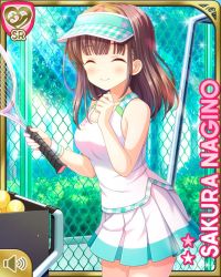 Rule 34 | 1girl, ball, bare legs, blue skirt, blush, breasts, brown eyes, brown hair, card (medium), chain-link fence, character name, closed mouth, collarbone, cowboy shot, day, closed eyes, fence, girlfriend (kari), holding, holding tennis racket, large breasts, medium hair, multicolored clothes, multicolored skirt, nagino sakura, official art, outdoors, pleated, pleated skirt, qp:flapper, racket, shirt, skirt, smile, solo, sparkle, sportswear, standing, tennis, tennis ball, tennis court, tennis racket, tennis uniform, tree, visor cap, white shirt, white skirt, white wristband, wristband