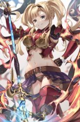 Rule 34 | 1girl, armor, armored boots, bad id, bad pixiv id, belt, black hairband, blonde hair, blue eyes, blue panties, boots, breasts, brown belt, fire, gauntlets, granblue fantasy, grin, hairband, hand on own hip, highres, holding, holding polearm, holding spear, holding weapon, large breasts, long hair, midriff, miniskirt, navel, panties, pantyshot, polearm, red armor, red thighhighs, sg (satoumogumogu), skirt, smile, solo, spear, thigh boots, thighhighs, twintails, underwear, weapon, zeta (granblue fantasy)