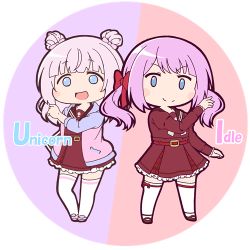 Rule 34 | &gt;:), 2girls, :d, assault lily, belt, belt buckle, blue eyes, blue jacket, blunt bangs, bow, brown footwear, brown sailor collar, buckle, chibi, circle, closed mouth, commentary, double bun, frilled skirt, frilled sleeves, frills, full body, hair bow, hair bun, hand up, high-waist skirt, jacket, juliet sleeves, kanba girls high school uniform, long hair, long sleeves, looking at viewer, lowres, masaki itsuki, miniskirt, multicolored clothes, multicolored jacket, multiple girls, no pupils, open clothes, open jacket, open mouth, pink background, pink bow, pink footwear, pink hair, pink jacket, plaid, plaid skirt, pocket, puffy sleeves, purple background, red belt, red bow, red shirt, red skirt, round image, sadamori himeka, sailor collar, school uniform, serafuku, shirt, shoes, skirt, smile, standing, tanba akari, thigh bow, thighhighs, transparent background, twintails, two-tone background, typo, v-shaped eyebrows, white legwear, zettai ryouiki