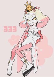 Rule 34 | 1girl, between legs, blonde hair, boots, collarbone, cross-shaped pupils, full body, hand between legs, imaikuy0, inkling, japanese clothes, kimono, medium hair, mole, mole under mouth, multicolored hair, nintendo, obi, pantyhose, pearl (splatoon), pink hair, pink pantyhose, sash, short eyebrows, single bare shoulder, single off shoulder, sitting, smile, solo, splatoon (series), symbol-shaped pupils, tentacle hair, two-tone hair, white footwear, yellow eyes, zipper pull tab