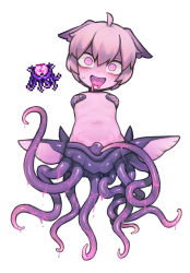 Rule 34 | 1girl, :d, ahoge, amputee, brain suckler (terraria), bright pupils, colored skin, double amputee, fins, full body, hair between eyes, head tilt, looking at viewer, monster girl, navel, nyong nyong, open mouth, personification, pink eyes, pink hair, pink skin, reference inset, scylla, simple background, smile, solo, tentacles, terraria, white background, white pupils