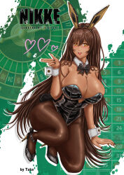 Rule 34 | 1girl, animal ears, bare shoulders, black bow, black bowtie, black leotard, black nails, black pantyhose, bow, bowtie, breasts, brown hair, cleavage, copyright name, dark-skinned female, dark skin, detached collar, fake animal ears, fake tail, goddess of victory: nikke, heart, high heels, highres, large breasts, leotard, long hair, noir (nikke), open mouth, orange eyes, pantyhose, playboy bunny, rabbit ears, rabbit tail, roulette table, solo, strapless, strapless leotard, table, tail, take (take-out!), very long hair, wrist cuffs