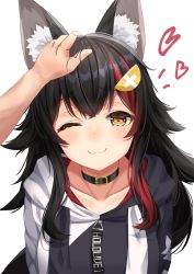 Rule 34 | 1girl, :3, ;), absurdres, animal collar, animal ear fluff, animal ears, black choker, black collar, black hair, blush, choker, closed mouth, collar, collarbone, flipped hair, hair ornament, hairclip, headpat, heart, highres, hololive, hood, hood down, hooded jacket, jacket, looking at viewer, male hand, multicolored clothes, multicolored hair, multicolored jacket, one eye closed, ookami mio, ookami mio (casual), pov, pov hands, red hair, simple background, smile, starkamisan, streaked hair, two-tone jacket, upper body, virtual youtuber, white background, wolf ears