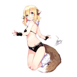 Rule 34 | 1girl, animal ears, blonde hair, blush, closed mouth, dated, ejami, ekko (ejami), fingerless gloves, furry, furry female, gloves, looking at viewer, original, short hair, shorts, signature, simple background, smile, solo, tail, thighs, white background