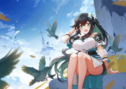 Rule 34 | 1girl, above clouds, absurdres, arm support, bird, black hair, blue sky, blush, breasts, chinese commentary, cloud, cloudy sky, coat, commentary, commentary request, dress, english commentary, eyelashes, feet out of frame, floating island, green eyes, green hair, hair between eyes, hair blowing, hair ornament, hand on head, highres, large breasts, long hair, long sleeves, looking at viewer, mixed-language commentary, multicolored hair, off-shoulder dress, off shoulder, open mouth, pcde2378, phiria (world flipper), ruins, see-through, see-through sleeves, shanhai wuwei hou, sidelocks, sitting, sky, solo, thighs, two-tone hair, white coat, white dress, world flipper