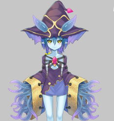 Rule 34 | 1girl, black sclera, blue hair, blue skin, braid, breasts, colored sclera, colored skin, grey background, hat, monster girl, original, pointy ears, small breasts, templus, tentacles, witch hat, yellow eyes