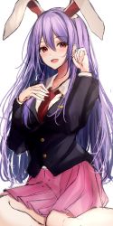 Rule 34 | 1girl, 7saki, :d, animal ears, bad id, bad twitter id, blazer, collared shirt, highres, jacket, long hair, long sleeves, looking at viewer, necktie, open mouth, pink skirt, pleated skirt, purple hair, rabbit ears, red eyes, red necktie, reisen udongein inaba, seiza, shirt, simple background, sitting, skirt, smile, solo, touhou, white background, white shirt