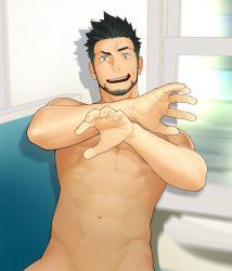 Rule 34 | 1boy, black hair, facial hair, itto (mentaiko), looking at viewer, male focus, muscular, nude, priapus, priapus a. tarou, solo, sweat, undressing