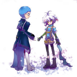 Rule 34 | 1boy, 1girl, ahoge, belt, blue eyes, blue hair, blue shirt, boots, coat, couple, elbow gloves, full body, glasses, gloves, hetero, hubert ozwell, kirita (noraring), multicolored hair, noraring, pants, pascal (tales), red hair, scarf, shirt, short hair, shorts, smile, tales of (series), tales of graces, white hair, yellow eyes