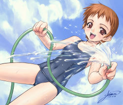 Rule 34 | 1girl, black one-piece swimsuit, flat chest, hose, one-piece swimsuit, school swimsuit, short hair, solo, standing, swimsuit, tomomimi shimon, water, wet