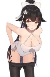 Rule 34 | 1girl, azur lane, bare shoulders, black hair, blunt bangs, bow, breasts, brown eyes, cleavage, cleavage cutout, clothes pull, clothing cutout, collarbone, expressionless, flower, gloves, hair bow, hair flower, hair ornament, halterneck, hands on own hips, hanging breasts, hip focus, kanikou, large breasts, leaning forward, long hair, navel cutout, one-piece swimsuit, pantyhose, pantyhose pull, ponytail, simple background, solo, swimsuit, takao (azur lane), takao (beach rhapsody) (azur lane), thighs, white background, white bow, white gloves, white one-piece swimsuit