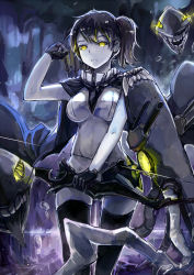 Rule 34 | 10s, 1girl, abyssal ship, arrow (projectile), bodysuit, bow (weapon), breasts, cannon, cape, colored skin, compound eyes, cosplay, dark persona, evil smile, gloves, glowing, glowing eyes, kaga (kancolle), kantai collection, long tongue, looking at viewer, monster, over-kneehighs, ponytail, shield, short hair, side ponytail, smile, solo, spark (sandro), teeth, thighhighs, tongue, tongue out, turret, weapon, white skin, wo-class aircraft carrier, wo-class aircraft carrier (cosplay), yellow eyes, zettai ryouiki