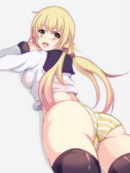 Rule 34 | 1girl, artist request, ass, blonde hair, blush, breasts, brown eyes, cameltoe, covered erect nipples, fang, from behind, from below, hair bobbles, hair ornament, kantai collection, large breasts, long hair, long sleeves, looking back, low twintails, no pants, open mouth, panties, sailor collar, sailor shirt, satsuki (kancolle), shiny skin, shirt, sideboob, smile, solo, striped clothes, striped panties, thighhighs, twintails, underwear