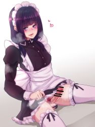 Rule 34 | 1boy, apron, bar censor, black hair, blunt bangs, blush, censored, dress, ear piercing, erection, frilled dress, frills, long hair, looking at viewer, maid, maid apron, maid headdress, male focus, mole, mole under mouth, mother13fucker, original, penis, penis piercing, piercing, precum, simple background, sitting, solo, spread legs, testicles, thighhighs, trap, white thighhighs