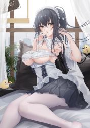 Rule 34 | 1girl, absurdres, ahoge, azur lane, bed sheet, bird, black hair, black skirt, blush, breasts, cleavage, commentary, crossed bangs, curtains, dress, english commentary, green eyes, hair between eyes, highres, holding, horse girl, indomitable (azur lane), indomitable (ms. motivationless maid) (azur lane), licking, licking finger, long hair, maid, maid headdress, manjuu (azur lane), medium breasts, on bed, pantyhose, pillow, plate, pleated skirt, sitting, skirt, solo, tongue, tongue out, turbulence, underboob, white dress, white pantyhose, window