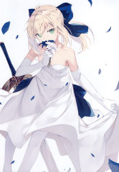 Rule 34 | 1girl, absurdres, ahoge, artoria pendragon (all), artoria pendragon (fate), blonde hair, blue bow, blue flower, bow, collarbone, covering own mouth, dress, elbow gloves, excalibur (fate/stay night), fate/grand order, fate/stay night, fate (series), flower, gloves, green eyes, head tilt, highres, holding, looking at viewer, medium hair, nagishiro mito, official alternate costume, saber (fate), scan, short hair, solo, strapless, strapless dress, sword, weapon, white background, white dress, white flower, white legwear