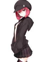 Rule 34 | 1girl, ariaria (netsuki), bad id, bad pixiv id, black thighhighs, breasts, cabbie hat, hair ornament, hairclip, hands in pockets, hat, hood, hoodie, looking at viewer, miniskirt, miruto netsuki, no bra, open clothes, open hoodie, original, pleated skirt, red eyes, red hair, short hair, skirt, small breasts, solo, sweat, thighhighs, thighs, white background, zettai ryouiki
