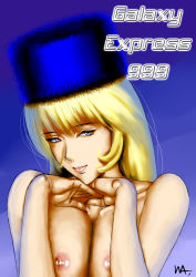 Rule 34 | 1girl, bad id, bad pixiv id, blonde hair, blue eyes, breasts, breasts squeezed together, ginga tetsudou 999, gradient background, hat, large breasts, long hair, looking at viewer, maetel, nipples, nude, simple background, smile, solo, wakino keibun