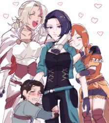 Rule 34 | 1boy, 3girls, arm around neck, armor, black gloves, black pants, black theme, blonde hair, blue hair, blush, brown hair, cape, catherine (fire emblem), choker, closed eyes, collarbone, crying, cyril (fire emblem), fire emblem, fire emblem: three houses, gloves, green jacket, heart, hug, jacket, leg grab, leonie pinelli, looking at viewer, multiple girls, nintendo, open clothes, open jacket, open mouth, orange hair, pants, pauldrons, purple eyes, shamir nevrand, shorts, shoulder armor, side ponytail, simple background, sleeves rolled up, tan, white background, zzzrk