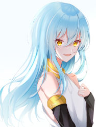 Rule 34 | 1other, :d, androgynous, black sleeves, blue hair, detached sleeves, fang, from side, hair between eyes, highres, long hair, long sleeves, meru hinano, open mouth, rimuru tempest, shirt, simple background, sleeveless, sleeveless shirt, sleeves past wrists, smile, straight hair, tensei shitara slime datta ken, upper body, very long hair, white background, white shirt, yellow eyes