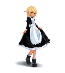 Rule 34 | 1boy, absurdres, blonde hair, dark skin, elf, green eyes, highres, looking at viewer, maid, male focus, mare bello fiore, minhongchen, overlord (maruyama), pointy ears, short hair, skirt hold, smile, solo, standing, trap, white background