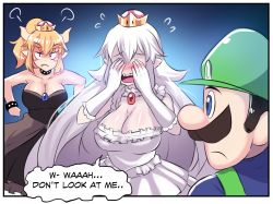Rule 34 | 1boy, 2girls, black dress, blue eyes, blush, bowsette, bracelet, breasts, cleavage, collar, comic, covering face, crown, detached collar, door, dress, earrings, english text, facial hair, fang, fang out, green hat, hat, highres, hinghoi, horns, jewelry, large breasts, long hair, luigi, luigi&#039;s mansion, mario (series), multiple girls, mustache, new super mario bros. u deluxe, nintendo, open door, open mouth, pointy ears, princess king boo, sharp teeth, speech bubble, spiked bracelet, spikes, super crown, teeth, thick eyebrows, very long hair, white dress
