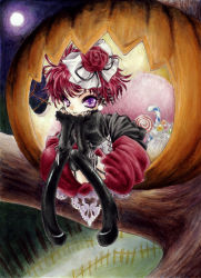 Rule 34 | 1girl, bad id, bad pixiv id, black thighhighs, boots, bow, candy, candy cane, dress, earrings, female focus, flower, food, full body, full moon, gothic lolita, hair flower, hair ornament, hair ribbon, halloween, harold berselius, head rest, jack-o&#039;-lantern, jako (toyprn), jewelry, lolita fashion, lollipop, messy hair, moon, nature, outdoors, plant, pumpkin, purple eyes, red flower, red hair, red rose, ribbon, rose, short hair, sky, smile, solo, tales of (series), tales of destiny 2, thigh strap, thighhighs, tree