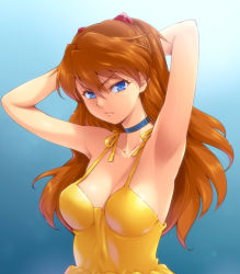 Rule 34 | 1girl, alternate breast size, angry, armpits, arms behind head, arms up, bare shoulders, blue background, blue eyes, breasts, brown hair, choker, cleavage, collarbone, dress, female focus, frown, gradient background, hair between eyes, hair ornament, hairu, large breasts, lips, long hair, looking at viewer, neon genesis evangelion, no bra, orange hair, simple background, solo, souryuu asuka langley, spaghetti strap, upper body, yellow dress