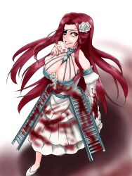 Rule 34 | 1girl, belt, blood, blood stain, breasts, choker, cleavage, conveyor belt, dress, eyepatch, from above, highres, large breasts, ole tower, red hair, roller conveyor (ole tower), smirk, suzumoto, white dress, yellow eyes