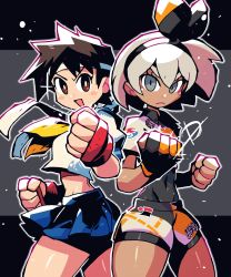 Rule 34 | 2girls, :d, back-to-back, bea (pokemon), blue skirt, bow, bow hairband, bright pupils, brown eyes, brown hair, clenched hands, closed mouth, covered navel, cowboy shot, creatures (company), cropped shirt, crossover, dark-skinned female, dark skin, fighting stance, game freak, gloves, grey eyes, grey hair, hair bow, hairband, hand up, headband, highres, kasugano sakura, looking at viewer, miniskirt, multiple girls, neck ribbon, nintendo, official alternate costume, open mouth, partially fingerless gloves, pleated skirt, pokemon, pokemon swsh, rariatto (ganguri), ribbon, shirt, short hair, shorts, skirt, smile, standing, street fighter, street fighter zero (series), white pupils, white shirt, yellow ribbon