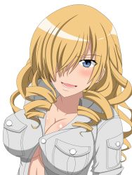 Rule 34 | 1girl, ariyosibb (unishari), blonde hair, blue eyes, blush, breast pocket, breasts, buttons, cleavage, collarbone, drill hair, from above, grey shirt, hair over one eye, highres, large breasts, long hair, looking at viewer, open clothes, open mouth, open shirt, oriana thomason, pocket, round teeth, shiny skin, shirt, simple background, smile, teeth, toaru majutsu no index, upper body, white background