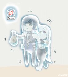 Rule 34 | 2girls, artist name, asymmetrical gloves, bare shoulders, carrying, carrying under arm, chibi, chinese clothes, commentary, gameplay mechanics, genshin impact, gloves, holding, long hair, multiple girls, shenhe (genshin impact), short hair, symbol-only commentary, xinzoruo, yelan (genshin impact)