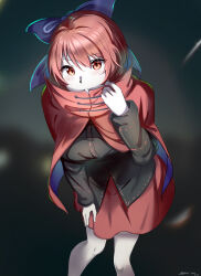 Rule 34 | 1girl, absurdres, black shirt, blue bow, bow, cloak, feet out of frame, hair bow, hand on own thigh, high collar, highres, leaning forward, long sleeves, looking at viewer, red cloak, red eyes, red hair, red skirt, sekibanki, shirt, short hair, skirt, standing, touhou, yujin (kanouyuuto-0423)