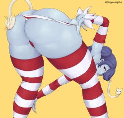 Rule 34 | 1girl, absurdres, artist name, ass, beckoning, bent over, blue hair, blue skin, butt crack, colored skin, highres, looking back, panties, panty pull, red eyes, shymar, simple background, skullgirls, solo, spanked, spanking, squigly (skullgirls), striped clothes, striped panties, striped thighhighs, tagme, thighhighs, thong, underwear, yellow background